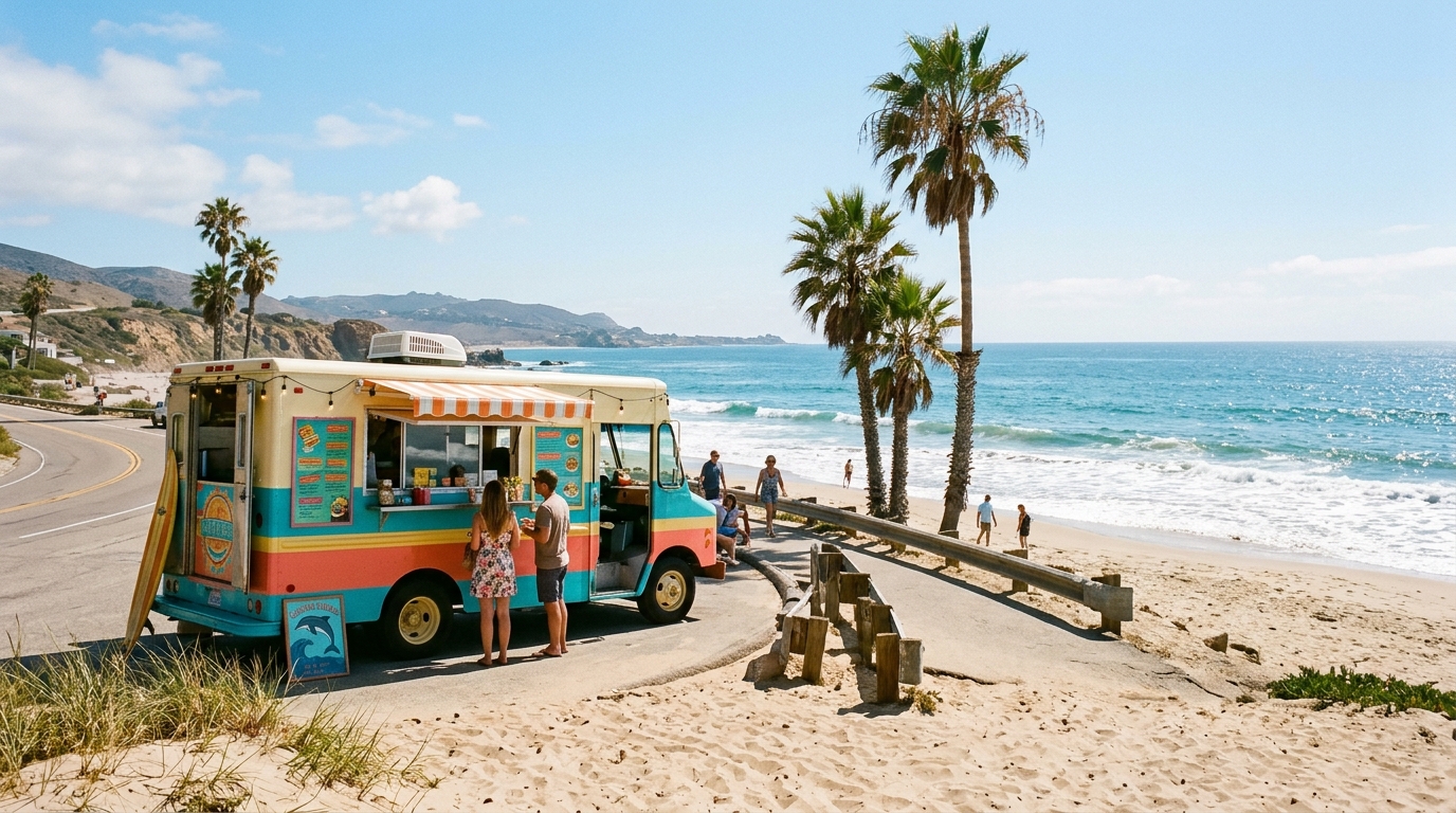 Salty Wheels food truck parked beside the California coast with palm trees and the ocean behind
